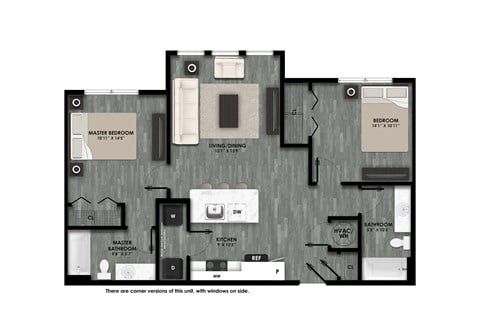 Floor plan for 2 beds, 2 baths, 921 sqft